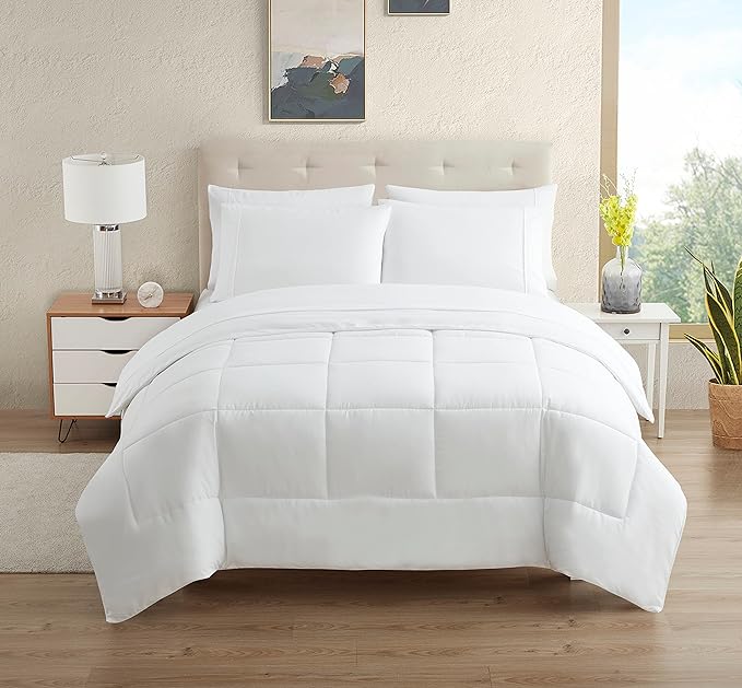 Dorm Room Essentials College Bedding Comforter Set 7 Piece Full Size Bed in a Bag for College Students Boys and Girls, Full, White