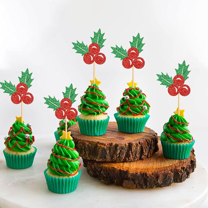 24 Pack Christmas Holly Leaves Cupcake Toppers Picks Christmas Eve Party Cake Baby Shower Birthday Party Cake Decoration Supplies