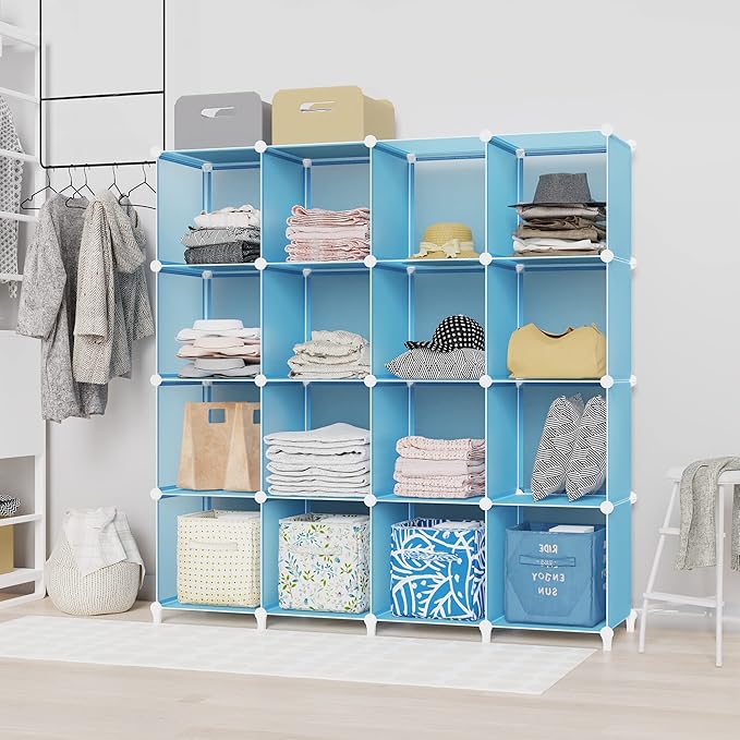 HOMIDEC Cube Storage Organizer 16-Cube Storage Shelf, Closet Organizer for Garment Racks, Closet Organizers and Storage with Metal Hammer, Bookshelf for Kids, (48.4 L x 12.2 W x 48.4 H Inches)