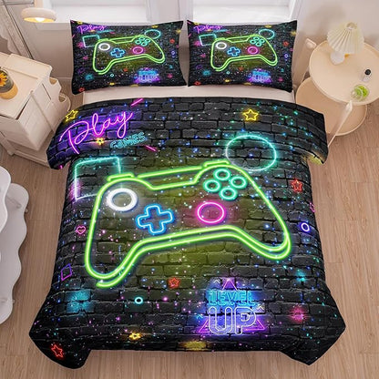 Boys Queen Size Bedding Set, Kids Bedding Sets for Boys, Gaming Comforter Sets for Boys, Teen Boys Gaming Bedding Sets, Gamer Room Decor for Boys Teens Girls (1 Comforter +2 Pillowcases)