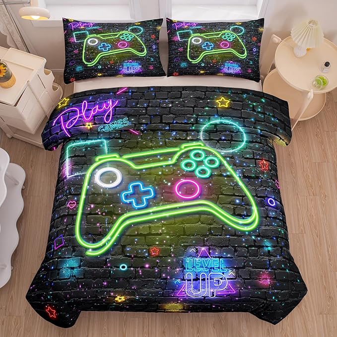 Gamer Comforter Sets for Boys, Twin Boys Bedding Set, 5 Piece Bed in a Bag Twin Boys, Teen Boy Comforter Set, Gamer Bedding Set with Flat Sheet, Fitted Sheet