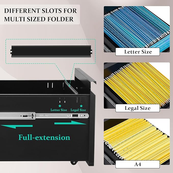 2-Drawer Mobile File Cabinets Rolling Metal Filing Cabinet for Legal & Letter File Anti-tilt Design with Lock Under Desk Office Drawers Fully Assembled Except Casters Black