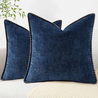 decorUhome Chenille Soft Throw Pillow Covers 26x26 Set of 2, Farmhouse Velvet Neutral Decorative Euro Pillow Covers with Stitched Edge for Couch Sofa Bed Home Decor, Poseidon