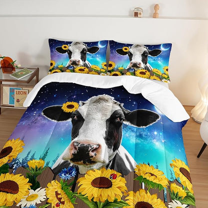 HOSIMA Cow Print Comforter Set with 2 Pillowcases,Farm Animal Theme Bedding Set Sunflower King Size Comforter for Adults Teens Kids,Farm Starry Sky Toddler Comforter Floral Bedding Set.