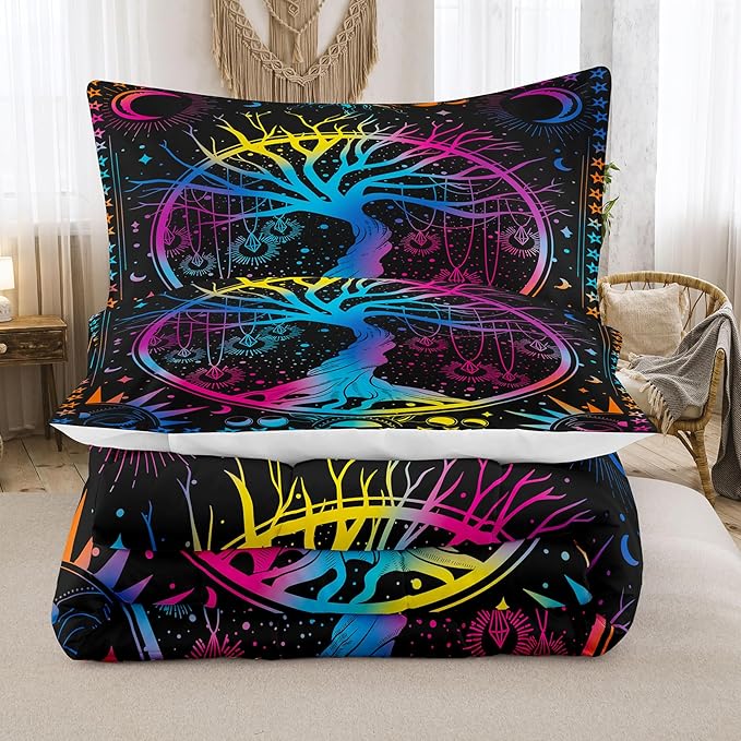 NINENINE Sun and Moon Bedding Set Full Size for Kids Boys Girls,Psychedelic Tree of Life Comforter Gothic Bohemian Bedding,Galaxy Stars Mandala Tribal Bed Set with 1 Comforter 2Pillowcases…