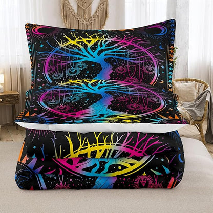 NINENINE Sun and Moon Bedding Set Full Size for Kids Boys Girls,Psychedelic Tree of Life Comforter Gothic Bohemian Bedding,Galaxy Stars Mandala Tribal Bed Set with 1 Comforter 2Pillowcases…