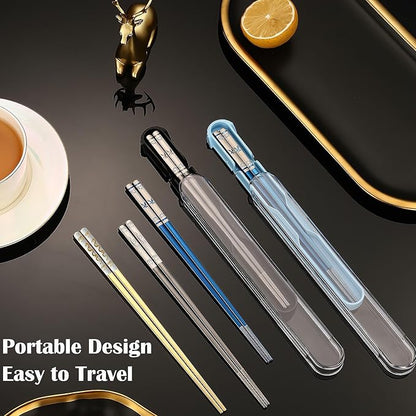 Stainless Steel Chopsticks with Case,2 Pairs Metal Blue Eagle Black Phoenix | Reusable,Portable,Come in a Set,Durable Case lightweight,Beginner friendly, Suitable for School,Home,Office,Bento Box