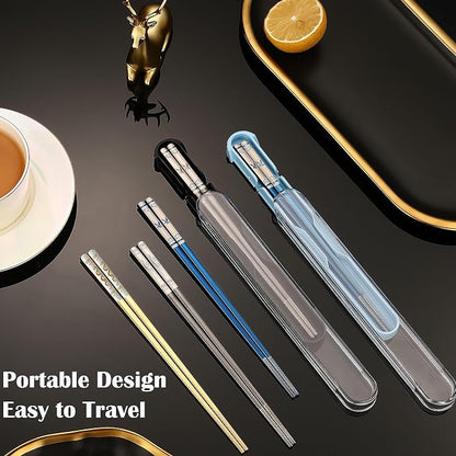 Portable Chopsticks, 2PC Black Eagle,18/8 Stainless Steel | Pull Design Case, Titanium Plated, Reusable, Dishwasher Safe