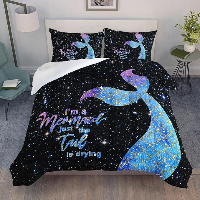 Datura home Bedding Comforter Set Black Starry Sky Mermaid Printed Pattern Quilt with 1 and 2 Pillowcases for Girls Bedroom All Season(Black Full) Full 80x90inches