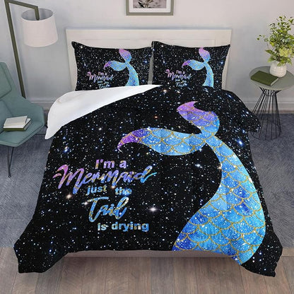 Datura home Bedding Comforter Set Black Starry Sky Mermaid Printed Pattern Quilt with 1 and 2 Pillowcases for Girls Bedroom All Season(Black Twin) Twin 68x86inches