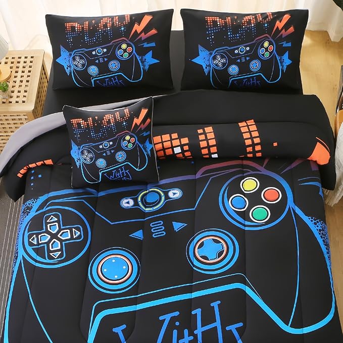 6Pcs Game Console Comforter Set with Sheets for Boys Girls Kids Teens, Geometric Gaming Themed Bed in A Bag Full Size, 3D Video Gamer Controller Bedroom Decor Bedding Set(Blue)