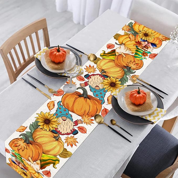 Fall Table Runner 108 Inches Long Autumn Table Runner Pumpkins Maple Leaves Gnome Fall Theme Decor for Kitchen Dining Table Home Party Decorations