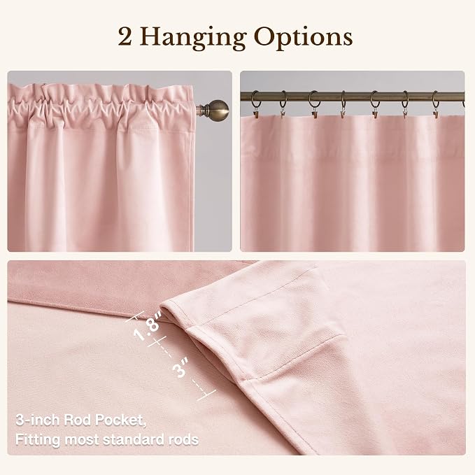 Pink Spring Decor Velvet Window Valance 52x18 Inch 1 Panel | Soft Wavy Pink Kitchen Curtains for Small Windows, Cute Decorative Window Treatment for Nursery Bedroom