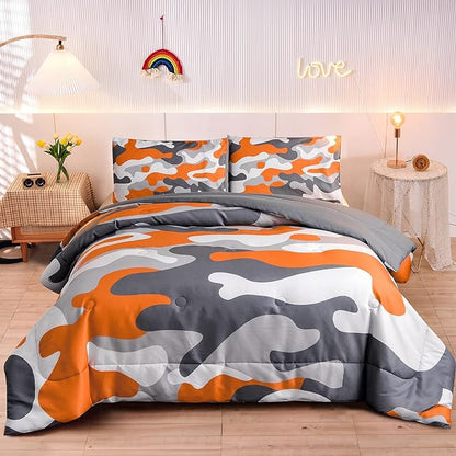 Meeting Story Kids Camo Bedding Set, Army Camouflage Bedding Twin Comforter Set for Boys Girls Teens Bedroom Decoration, 3Pcs (Orange, Twin)