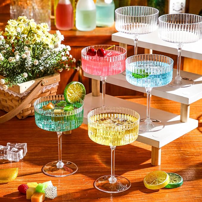 Jingmore 48 Pcs Ribbed Martini Glasses 10 oz Disposable Plastic Vintage Ribbed Coupe Glasses Unbreakable Dessert Parfait Glassware for Wedding Birthday Party Supplies (Clear)