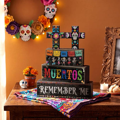 Moucuny 4 Pcs Day of the Dead Table Decorations Day of the Dead Cross Centerpiece for Table Dia De Los Muertos Tiered Tray Decor Wood Sugar Skull Block Signs for Halloween Party Home Shelf Decoration