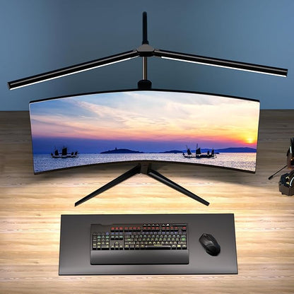 Quntis Double Head LED Tall Desk Lamp for Home Office, 31.5-inch Foldable Computer Desk Light with Clamp, Dimmable Dual Monitor Light Bar for Curved Screen Architect Drafting Design - 32 Modes