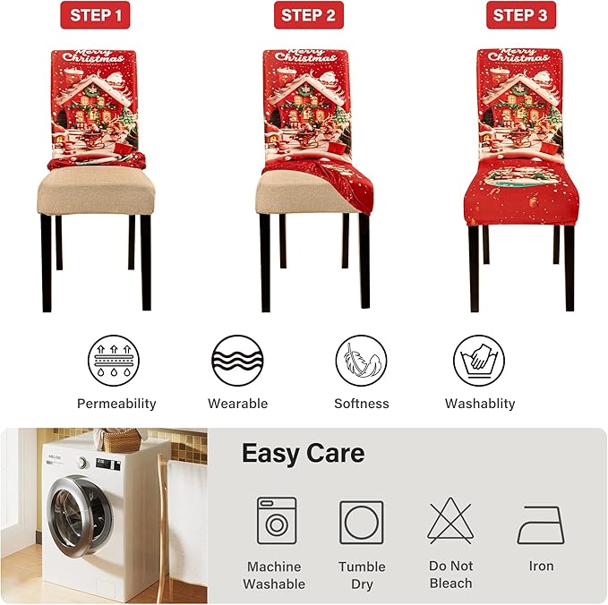 4PCS Christmas Dining Chair Covers Stretch Removable Washable Dining Room Chair Protector Slipcovers Santa Claus House Wreaths Kitchen Chair Cover Slipcover Protector for Xmas Holiday Party Home Décor