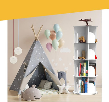 Rotating Bookshelf, Revolving Bookcase, Spinning Book Shelf, 4 Tier, 18.2” W x 50.6” H, White, Wood, 360 Degrees Bookshelves, Floor Stand, Rotation Display Tower, Stackable, Round, for Kids, Children