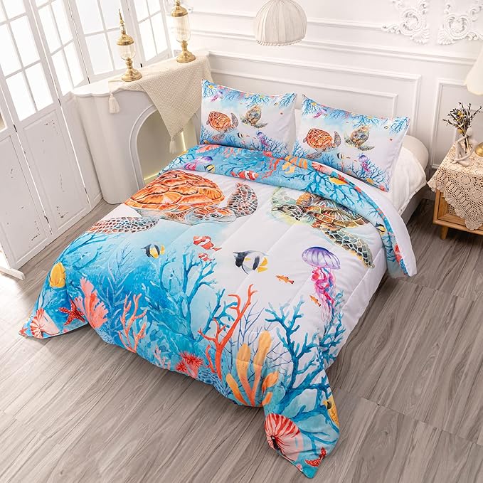 CVHOUSE Sea Turtle Comforter Set,Ocean Watercolor Sea Turtle Bedding Set for Kids Teens,Ocean Sea Turtle Comforter Sea Turtle Duvet Set Room Decor Quilt Set Twin Size