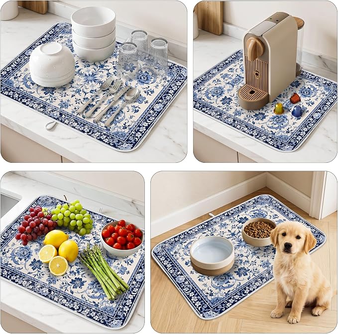 Chinoiserie Dish Drying Mat for Kitchen Coffee Bar 18x24 in Home Decor | Chinese Aesthetic Non Slip Absorbent Kitchen Dishes Drainer Mat, with Anti-slip Rubber Backing & Hanging Loop, for Sink
