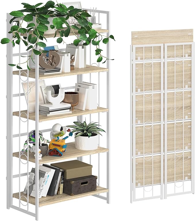 4NM No-Assembly 5 Tiers Folding Bookshelf Storage Shelves Vintage Bookcase Standing Racks Study Organizer Home Office - Natural and White