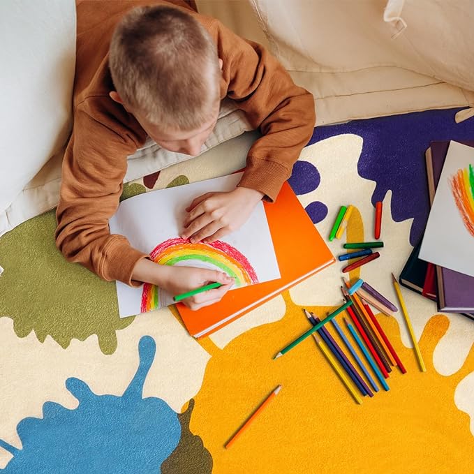 Large Area Rug for Living Room, 8'x10' Rainbow Kids Rug for Classroom, Colorful Art Washable Rug for Bedroom, Non-Slip Ink Splotch Nursery Rug Soft Modern Living Room Carpet for Dorm School