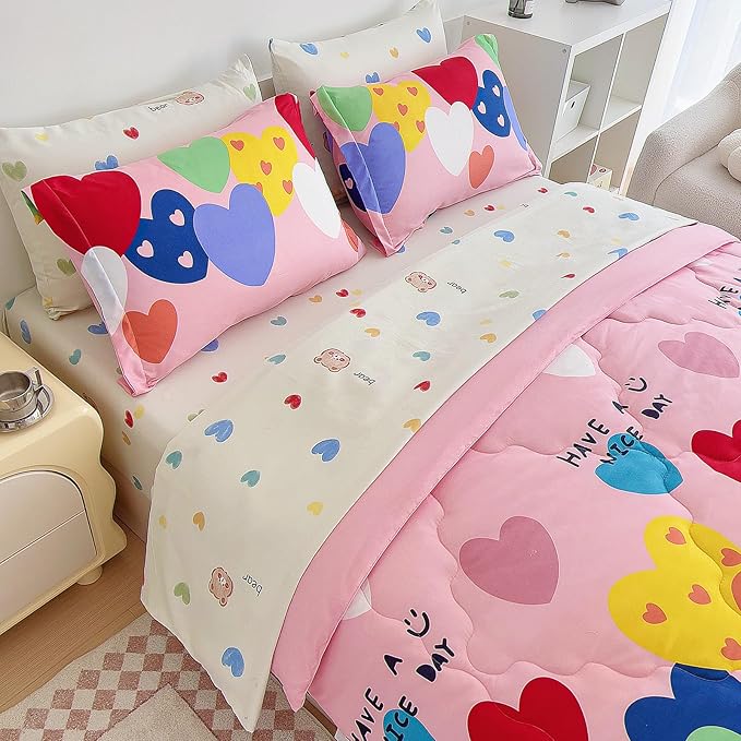 7 Piece Kids Pink Heart Bedding Sets Twin Comforter Set with Sheets - Colourful Reversible Heart Shaped Cute Bedding for Girls Kids - Love Quilt Bed in a Bag All Season