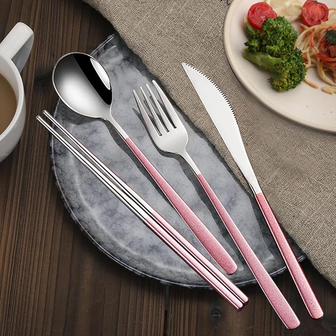 VANRA 4-Piece Portable Travel Utensils Set with Case 18/8 Stainless Steel Flatware Set Reusable Cutlery Set with Fork Spoon Knife Chopstick for Lunch Travel Camping School Work Picnic (Pink)