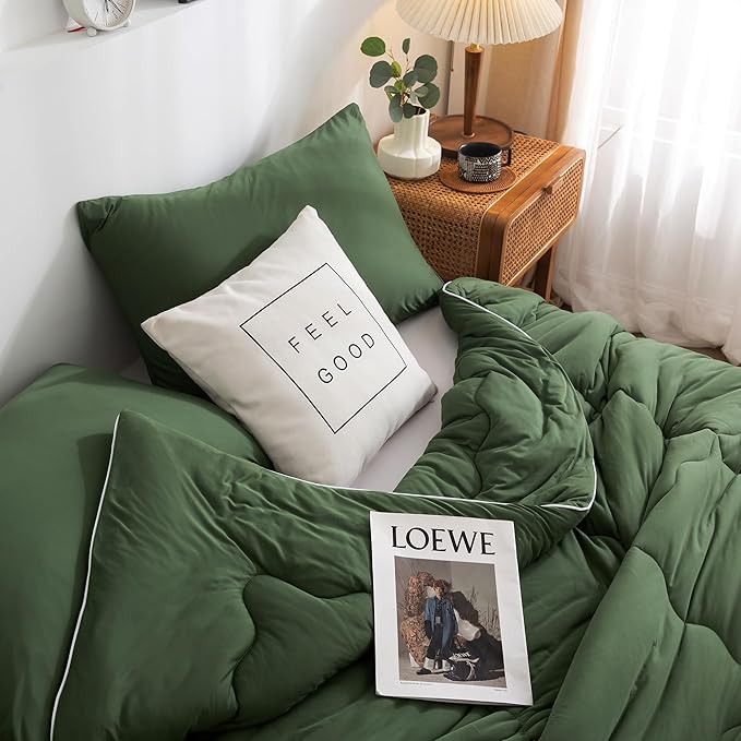 COTTEBED 2 Pieces Ultra-Soft Olive Green Twin XL Bedding Comforter Set, Twin Size Jersey Knit T-Shirt Feel Cozy Cute Lightweight Quilt Blanket for Kid Teens School College Dorm All Season Use 68"x92"