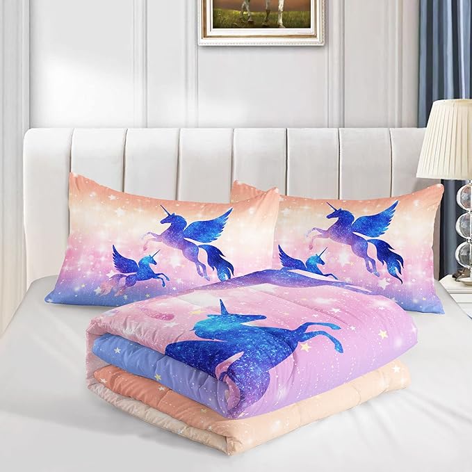 Datura home Bedding Comforter Set Starry Sky Unicorn Printed Pattern Quilt with 1 and 2 Pillowcases for Girls Bedroom All Season(Purple Queen) Queen 90x90inches