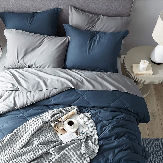 Bedsure Navy California King Comforter Set - 7 Pieces Reversible Bed Set, Bed in a Bag Cal King with Comforters, Sheets, Pillowcases & Shams