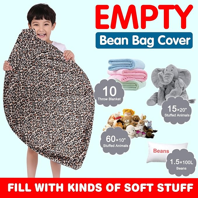 Lukeight Stuffed Animal Storage Bean Bag Chair Cover for Kids, Stuffed Animal Bean Bag Storage, Zipper Beanbag Chair Cover for Organizing Toddler & Kids' Rooms Plush Toys (Leopard Velvet, Large)