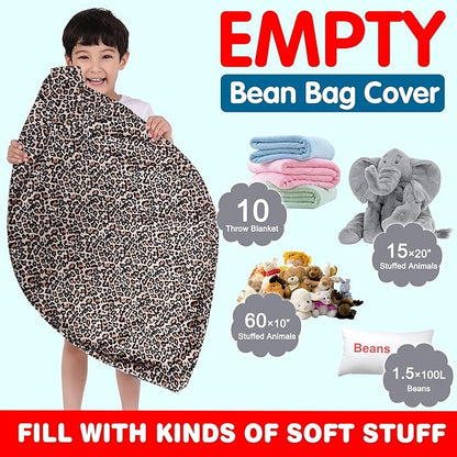 Lukeight Stuffed Animal Storage Bean Bag Chair Cover for Kids, Stuffed Animal Bean Bag Storage, Zipper Beanbag Chair Cover for Organizing Toddler & Kids' Rooms Plush Toys (Leopard Velvet, Large)
