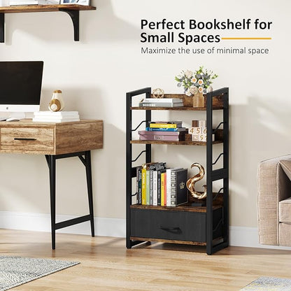 Small Bookshelf with Drawer: 4-Tier Wood Book shelf Industrial Narrow Bookcase Storage Organizer Metal Stackable shelves for Desktop Bedroom Living Room Home Office (Rustic Brown)
