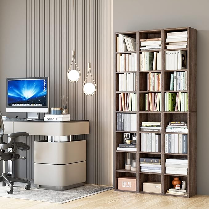 FOTOSOK 8-Tier Media Tower Rack, 11.6 X 9.3 X 70.9 Inches CD DVD Slim Storage Cabinet with Adjustable Shelves, Tall Narrow Bookcase Display Bookshelf for Home Office, Oak