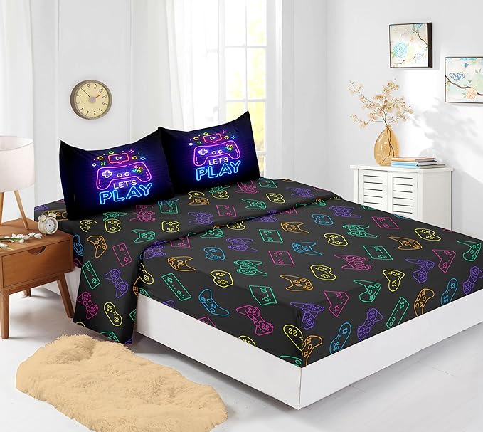 6 PCS Gamer Queen Comforter Sets,Queen Purple Bedding Sets for Boys,Gaming Comforter Set,Queen Size Bedding Sets for Boys,Bed in A Bag with Sheets(Queen,Purple Color)