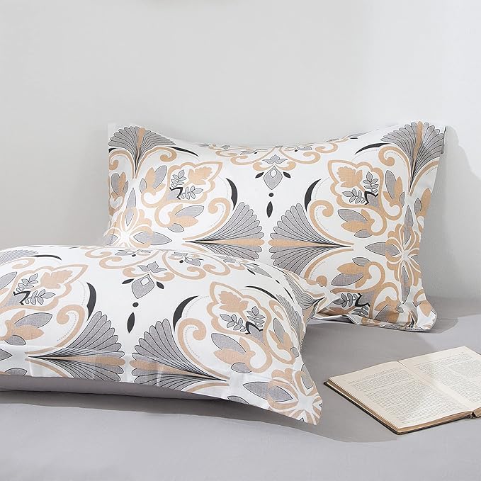 EMME Twin Comforter Set - Grey White Floral Bedding Set 5 PCS with Geometric Flowers Pattern, Soft Plant Printed Botanical Bed Set with Sheets,Fluffy Bed Bag for All Season(68"X90")
