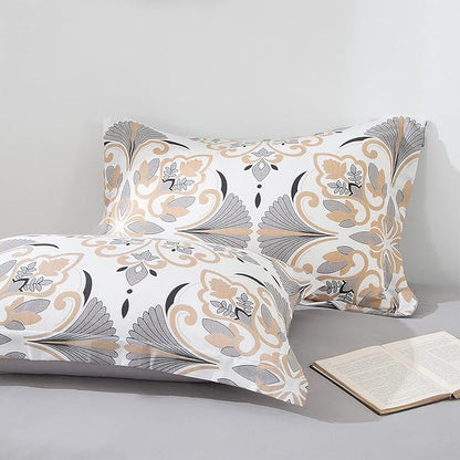 EMME Twin Comforter Set - Grey White Floral Bedding Set 5 PCS with Geometric Flowers Pattern, Soft Plant Printed Botanical Bed Set with Sheets,Fluffy Bed Bag for All Season(68"X90")