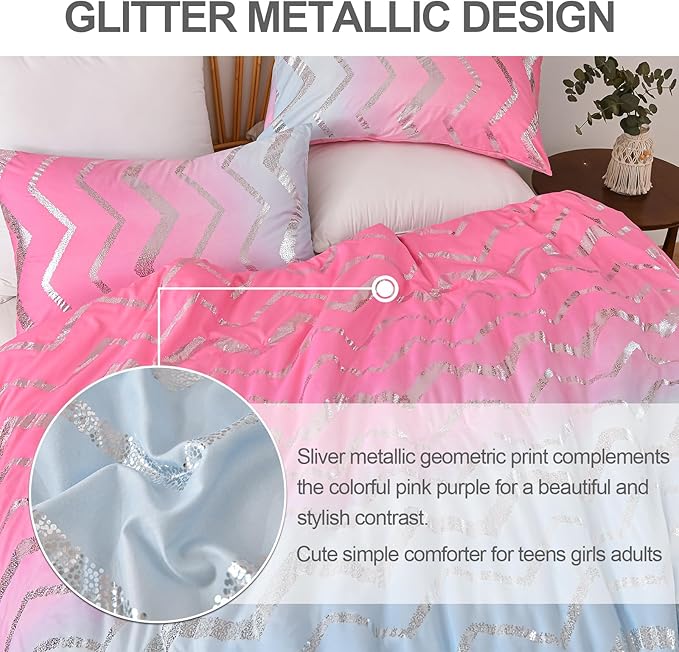 Girls Comforter Set Twin Size Ombre Pink Purple Bedding Rainbow Comforter for Kids Teen Women,3 Pieces (1 Comforter,1 Pillowcase,1 Decorative Pillow Sham)