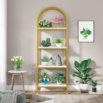 Tribesigns 4-Tier Open Bookshelf, 70.8" Modern Wood Bookcase Storage Shelves with Metal Frame, Freestanding Display Rack Tall Shelving Unit for Office, Bedroom, Living Room (White & Gold, 1PC)