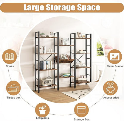 Shintenchi Industrial Bookcase,71.6” Triple 4 Tier Bookshelf with 11 Open Display Shelves,Large Etagere Bookshelf Open Record Player Shelves,Wide Book Shelf Book Case for Home & Office,Rustic Brown