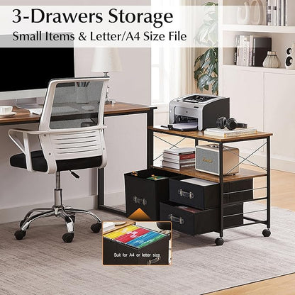 VECELO 3 Drawer Lateral File Cabinet Rolling Printer Stand with Open Storage Shelf, Fits A4 Or Letter Size, with Lockable Casters, Leather Handle, Ideal for Small Spaces, Brown+Black