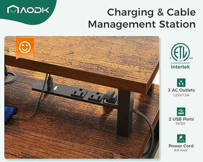 AODK 55 Inch Electric Standing Desk with 3 Drawers, Brown, Height Adjustable Desk with Power Outlets & LED Lights, Stand Up Desk with Monitor Shelf, Sit Stand Desk Computer Workstation