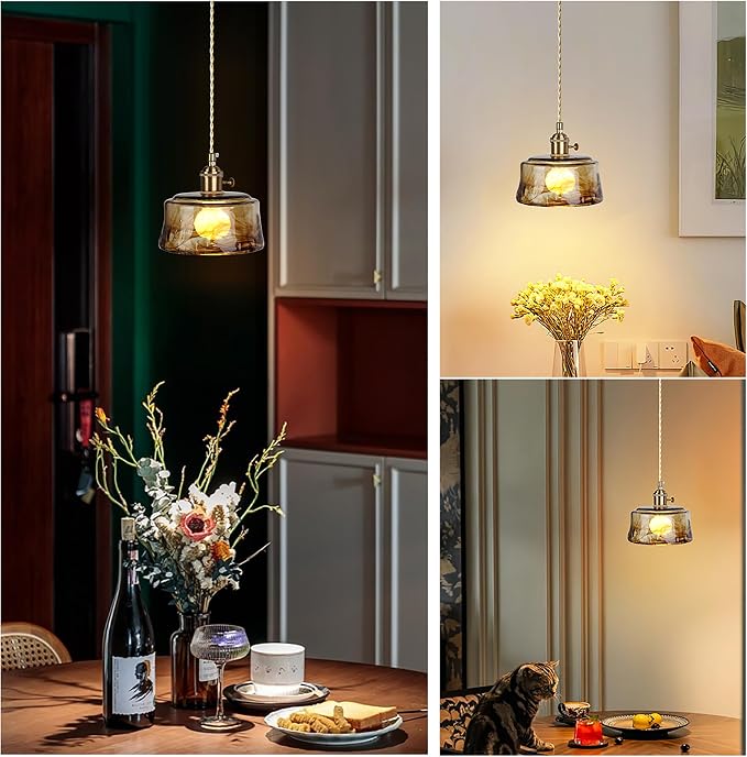 Sedelan Galss Pendant Light, Vintage Pendant Lights Kitchen Island Adjustable Tea Color-Amber Hanging Light Fixture for Living Room Dining Room Bedroom E26