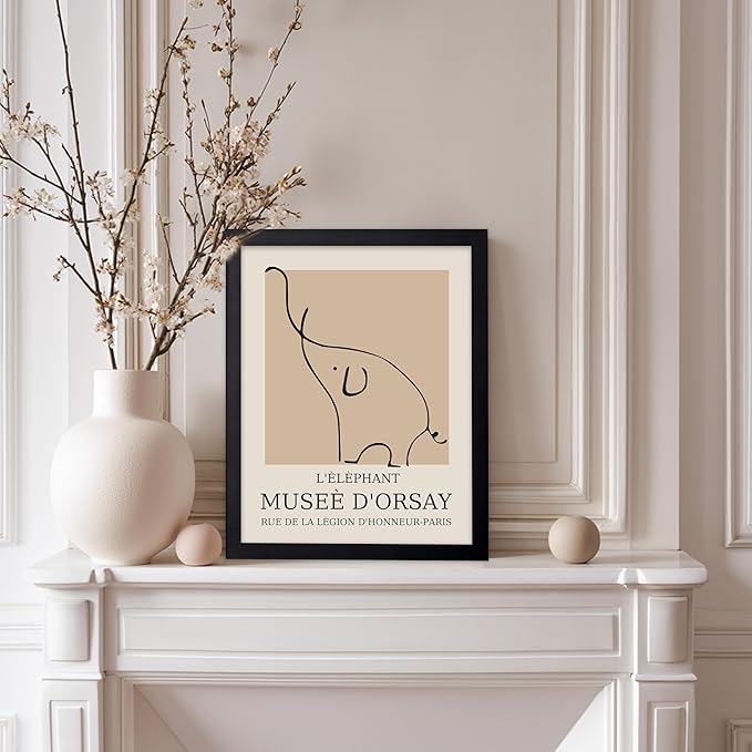 Poster Master Vintage Poster - Retro Minimalist Print - Gift for Artist, Housewarming - Elephant, Line Drawing, Sketch, Abstract - Wall Decor for Living Room, Bedroom, 11x14 Black Framed