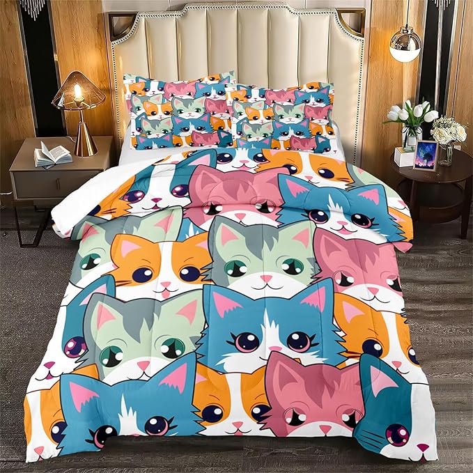 Neon Cats Bedding Set for Girls - Full Size Cartoon Cats Comforter Set for Girls Room Black Cats Pattern Girls Full Size Bedding Set Soft Breathable Cats Comforter with 2 Pillowcases for All-Season