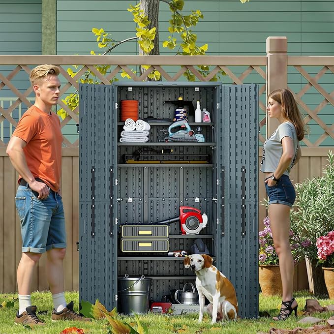 30 Cubic Ft. Vertical Resin Outdoor Storage Shed with Lockable Double Doors,Tall Storage Cabinet with 4 Shelves, Weather-Resistant Multi-Wall Panels,Storage Shed for Patio, Garden, Yard, Grey