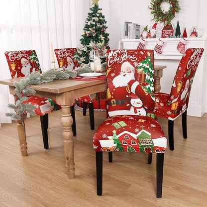 U'Artlines Christmas Chair Covers Set of 6, Removable Washable Merry Christmas Dining Chair Seat Covers Stretch Protector Slipcovers for Dining Room Kitchen Holiday Party Decor, Santa Claus
