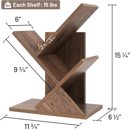 Labcosi 2 Tier Tree Bookshelf, Small Bookshelf for Storing Books/CDs, Wood Book Organizer Shelves for Home Office, Bedroom, Living Room, Rustic Brown